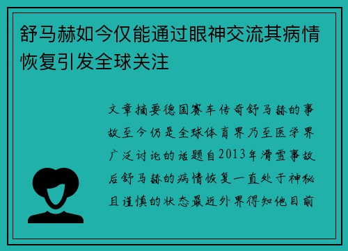 舒马赫如今仅能通过眼神交流其病情恢复引发全球关注