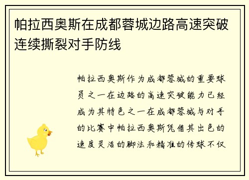 帕拉西奥斯在成都蓉城边路高速突破连续撕裂对手防线
